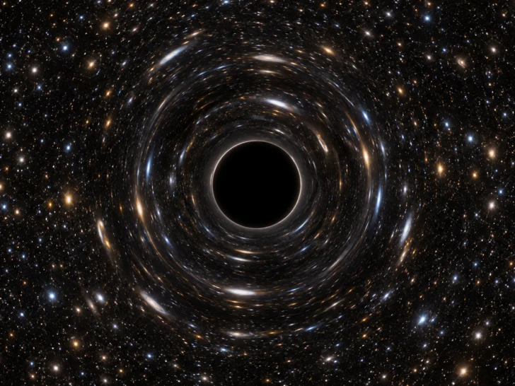 A black hole bending the light of distant stars through gravitational lensing