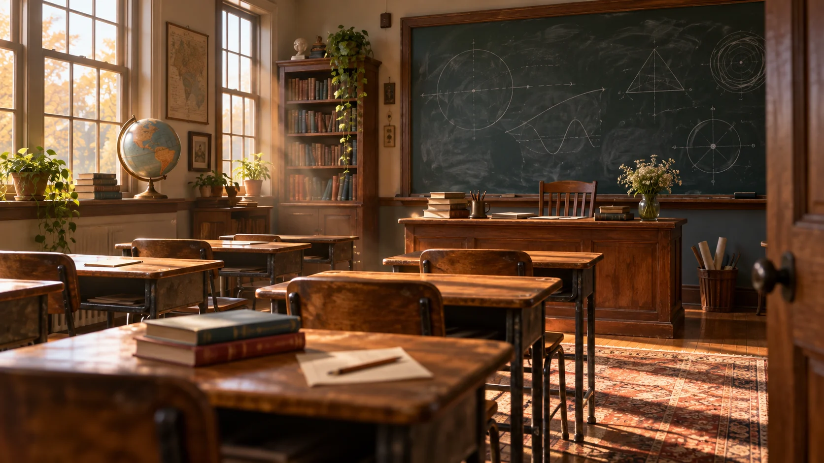 A classic classroom with wooden desks and a teacher&rsquo;s chalkboard