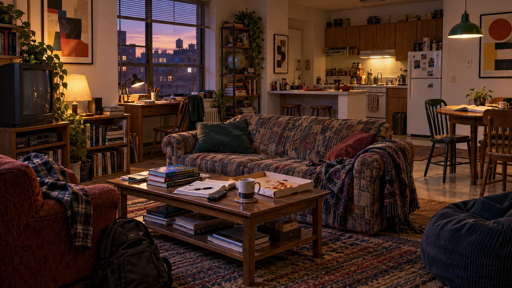 A cozy late-1990s college apartment shared by friends