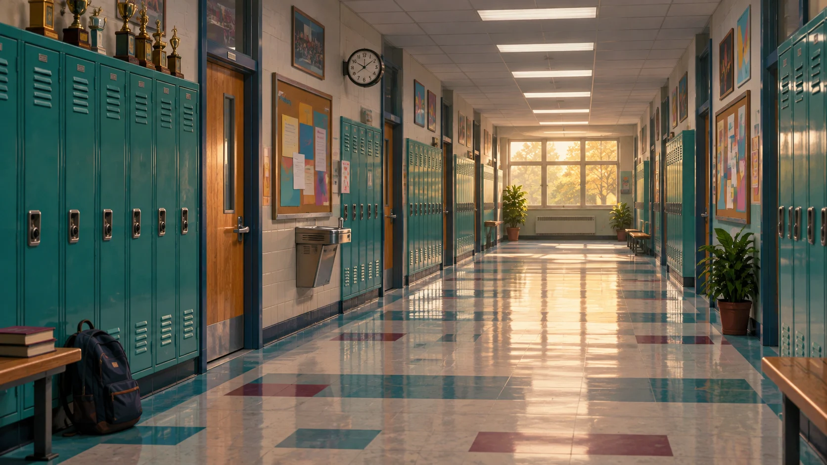 A nostalgic 1990s school hallway with lockers and classroom doors