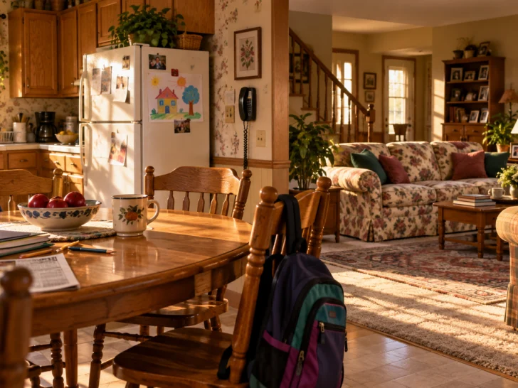 A warm 1990s suburban family kitchen and living room