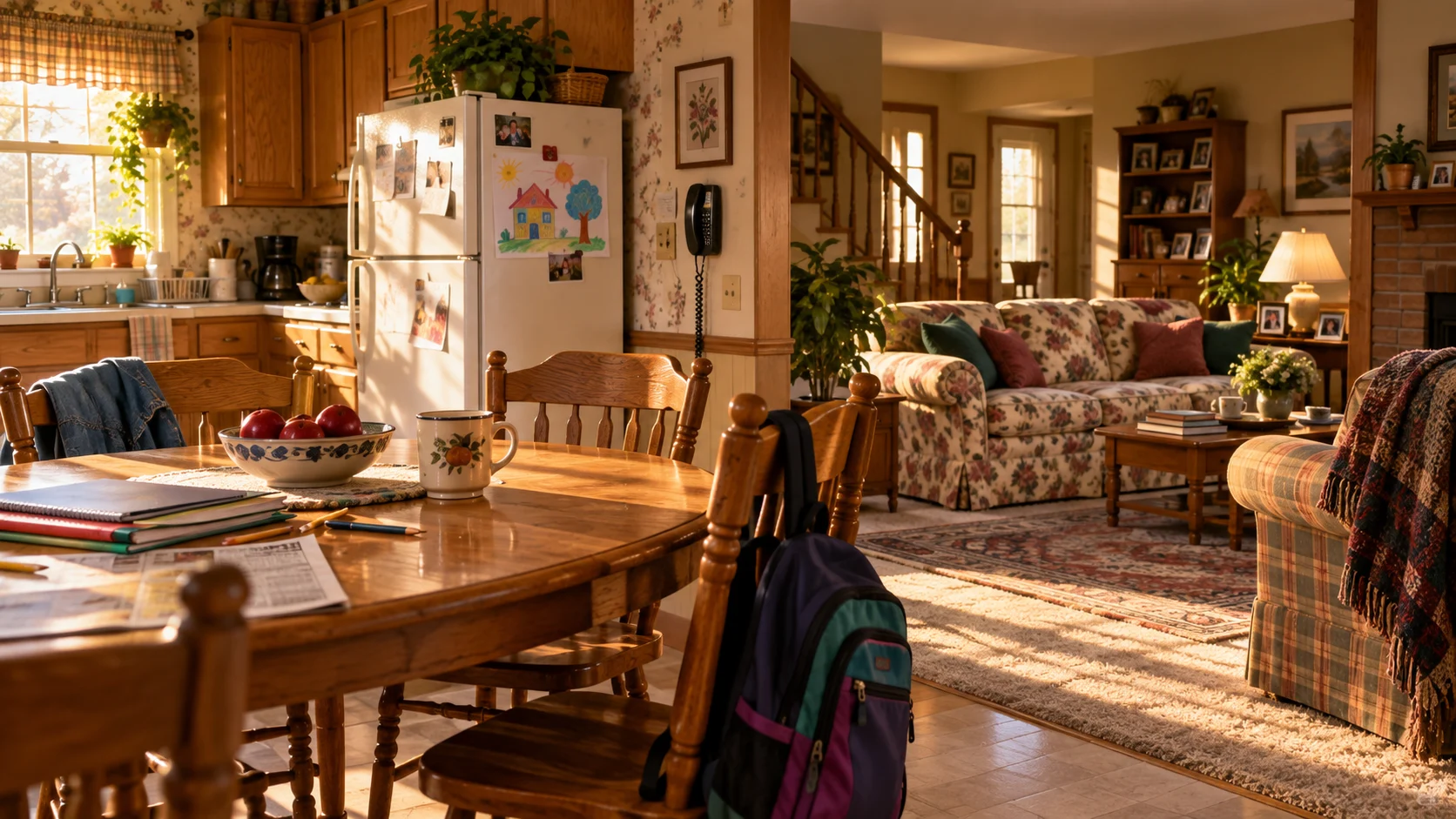 A warm 1990s suburban family kitchen and living room