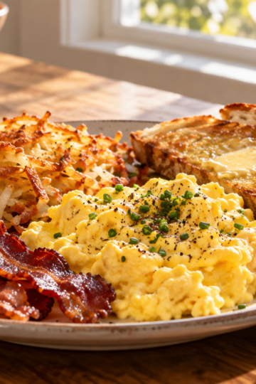 Classic American breakfast with eggs, bacon, toast, and hash browns