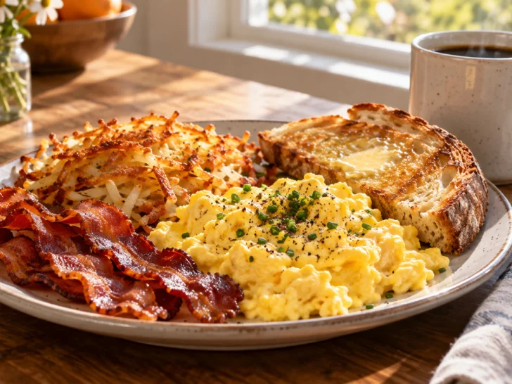 Classic American breakfast with eggs, bacon, toast, and hash browns