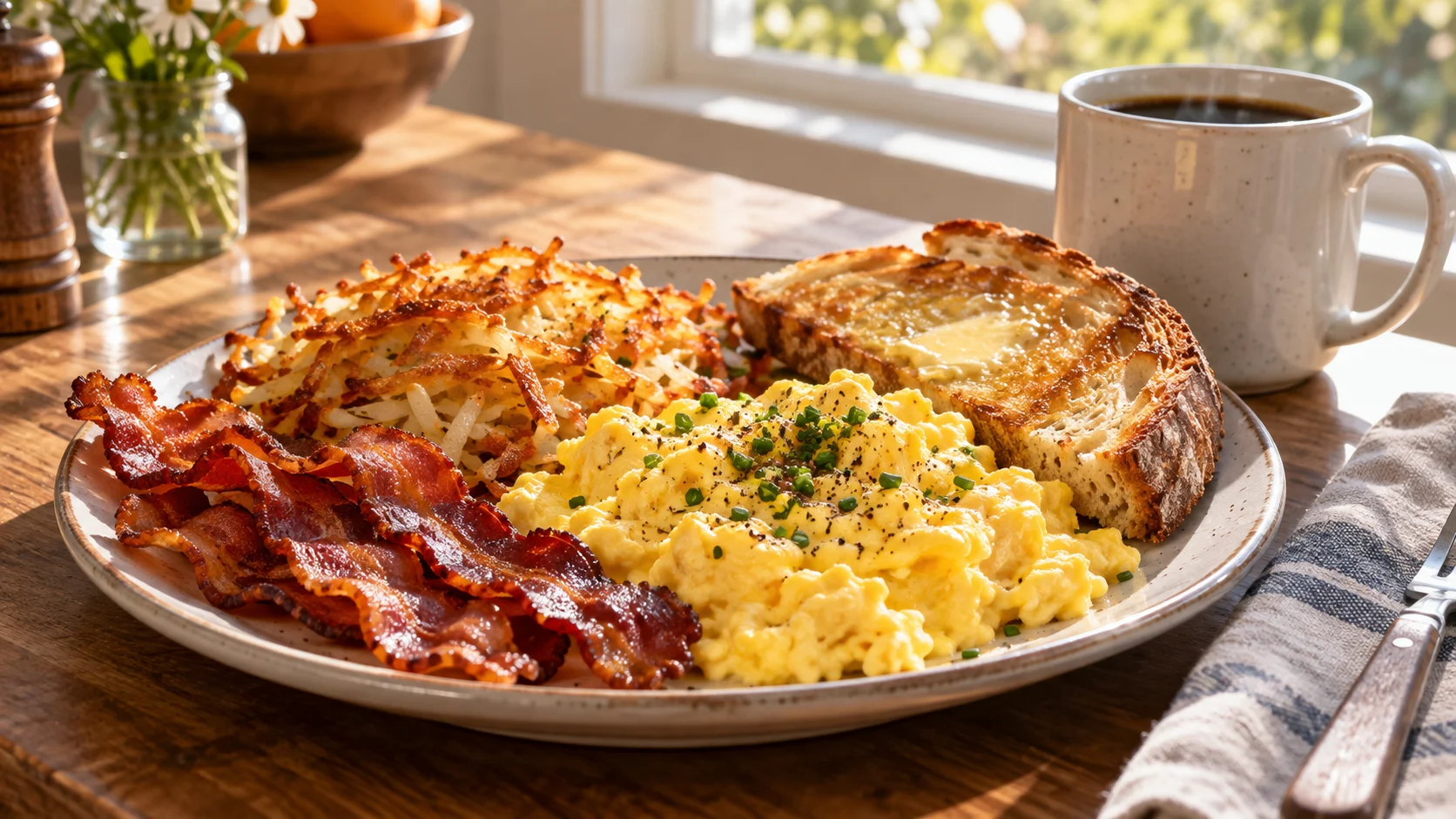 Classic American breakfast with eggs, bacon, toast, and hash browns
