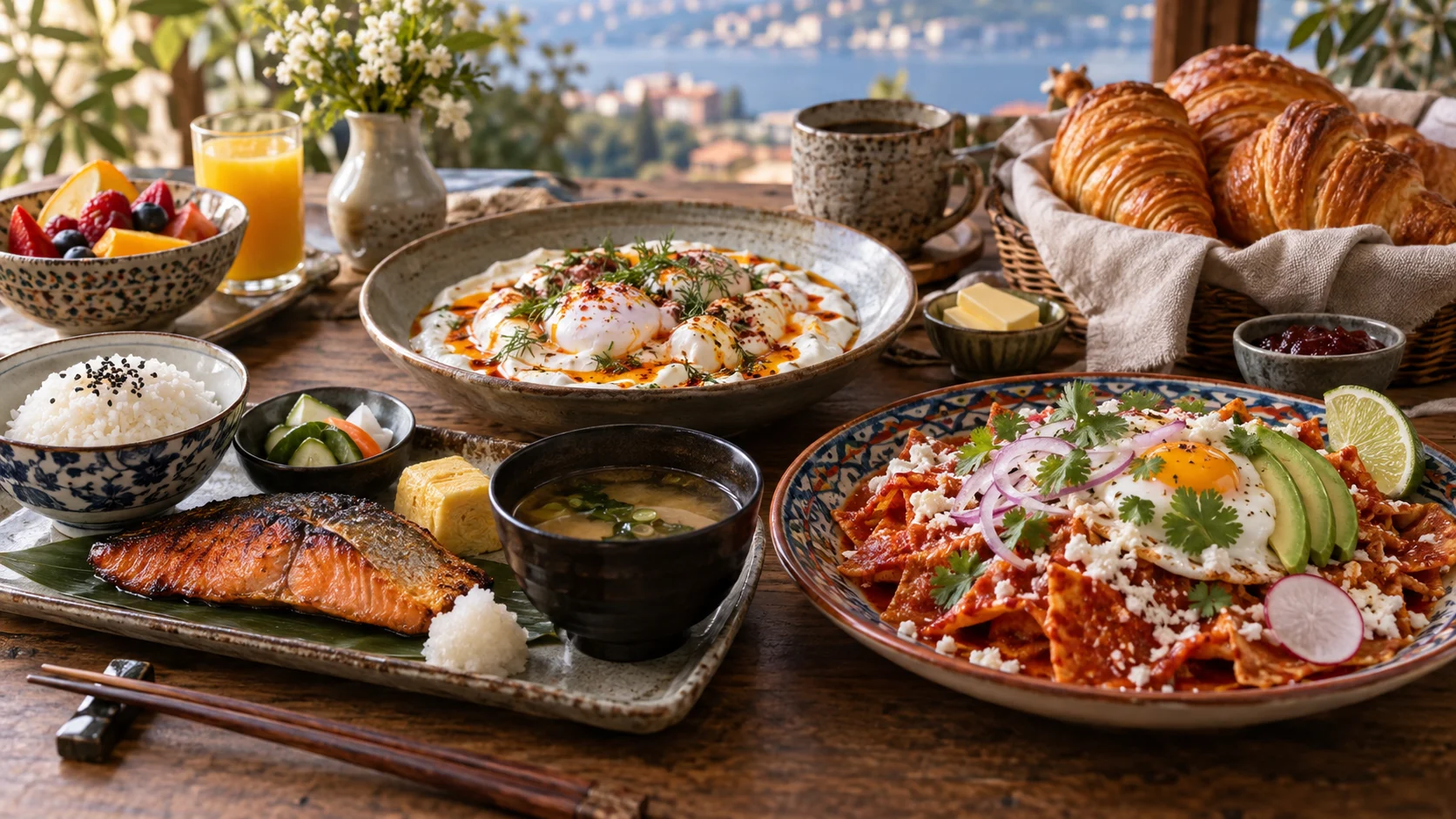 Colorful assortment of traditional breakfast dishes from around the world