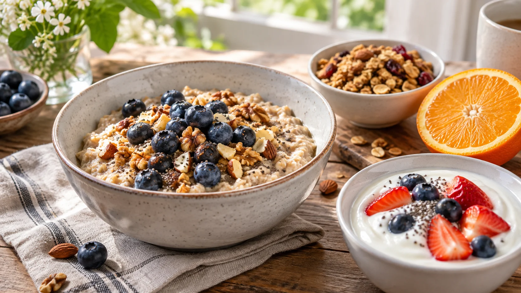 Breakfast bowls filled with cereal, oatmeal, fruit, and yogurt