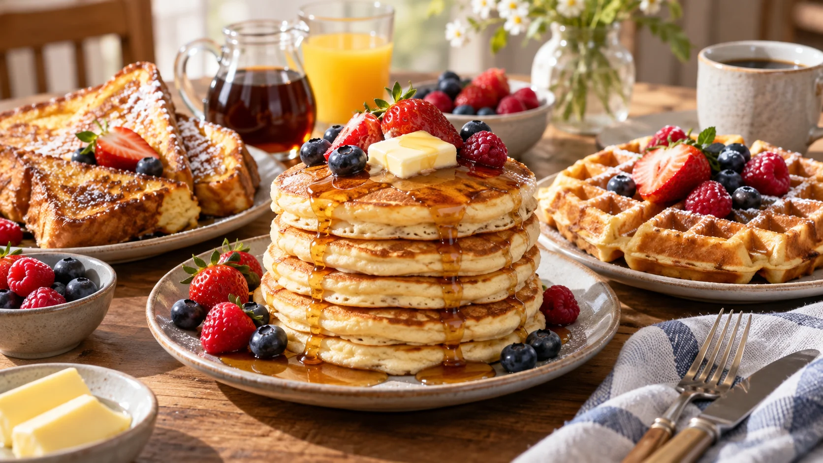 Stacked pancakes, golden waffles, and French toast on a breakfast table