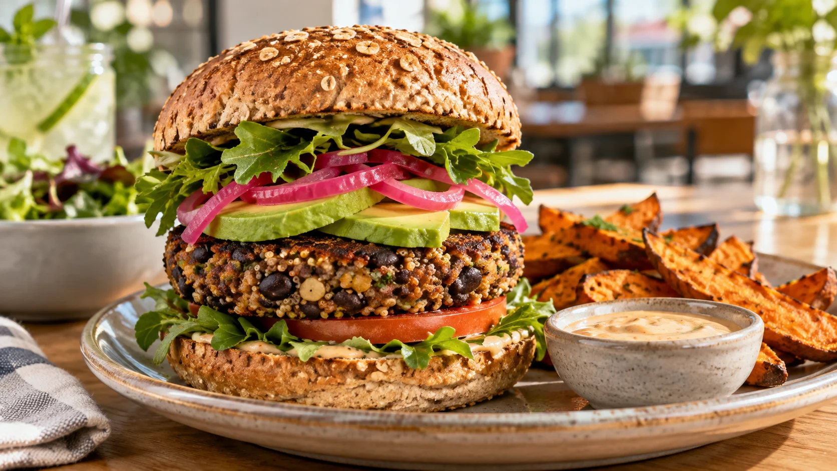 A black bean burger is layered with avocado pickled onion and greens