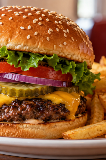 A classic cheeseburger stacks lettuce tomato pickles onion and melted cheese