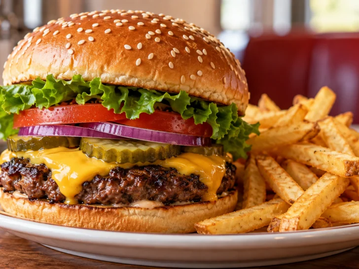 A classic cheeseburger stacks lettuce tomato pickles onion and melted cheese