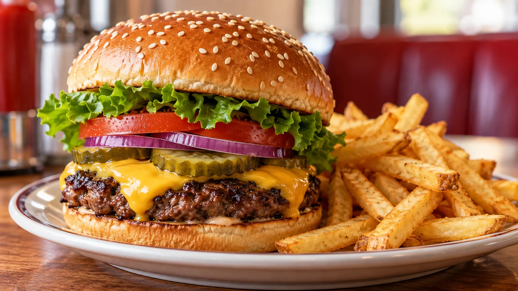 A classic cheeseburger stacks lettuce tomato pickles onion and melted cheese