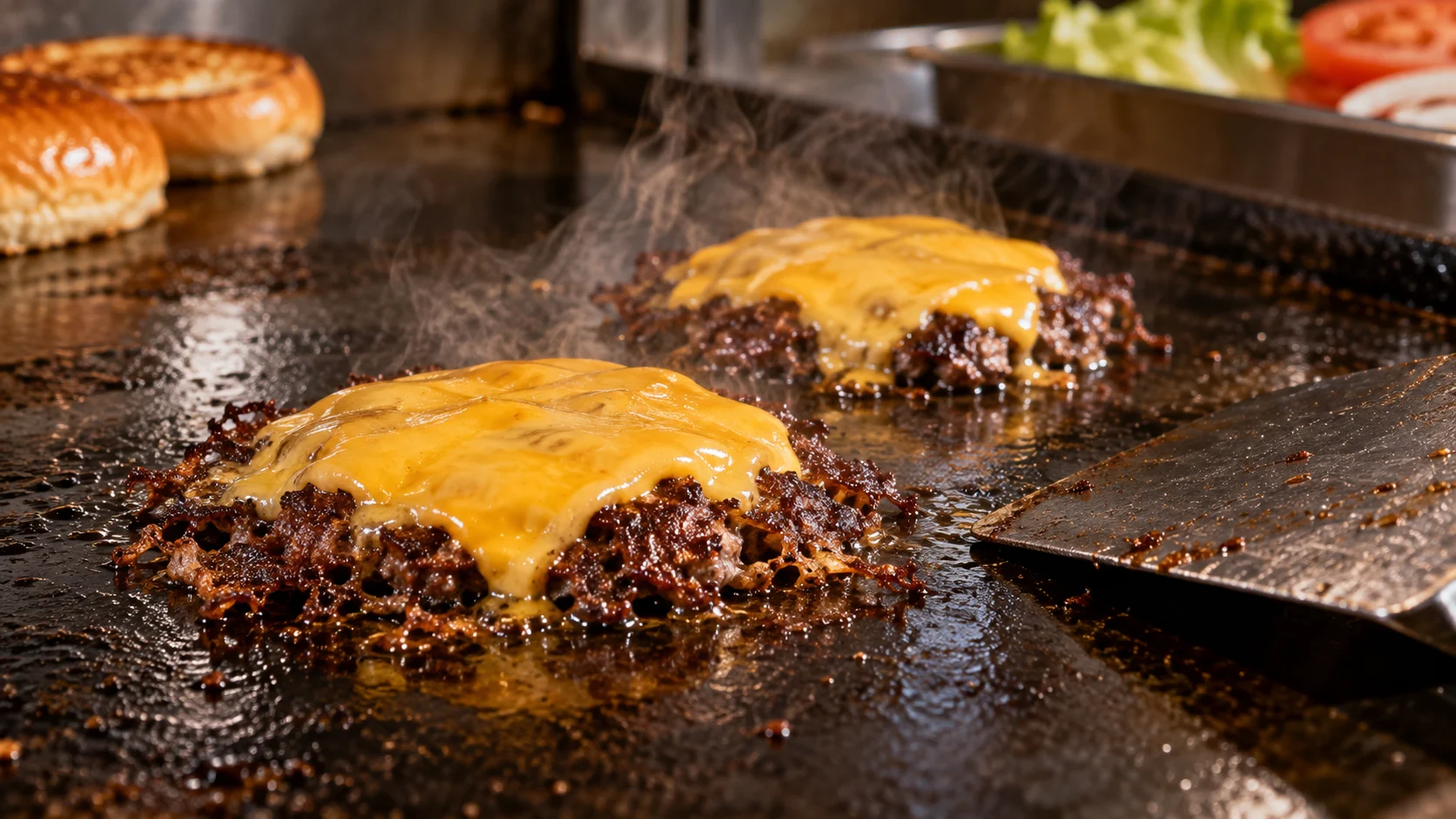 Thin smash burger patties develop crisp edges beneath melting cheese