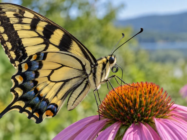 Swallowtail butterfly macro showing eyes, antennae, proboscis, scaled wings, and legs