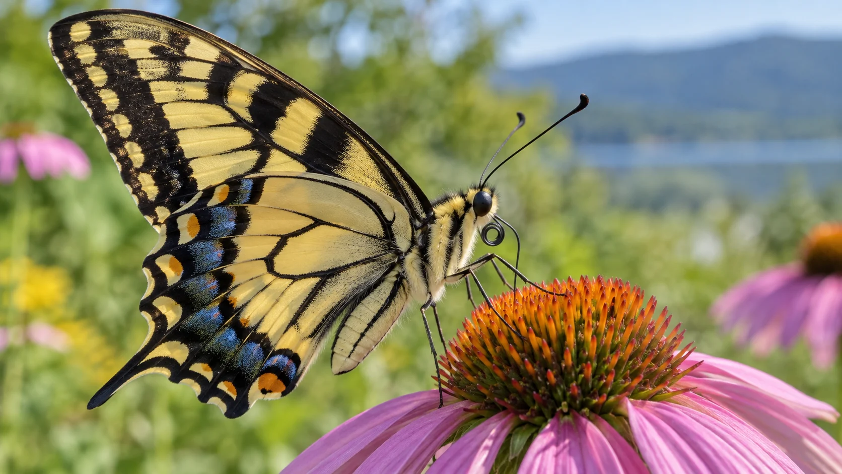 Swallowtail butterfly macro showing eyes, antennae, proboscis, scaled wings, and legs