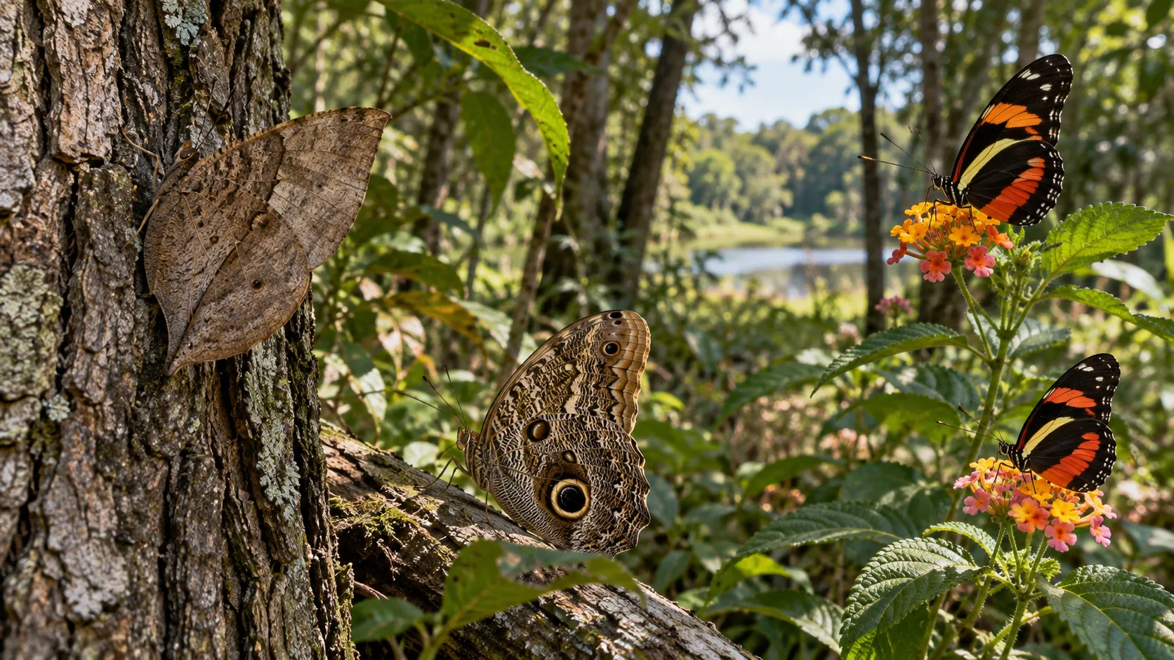 Butterflies showing leaf camouflage, eyespots, and warning-color mimicry