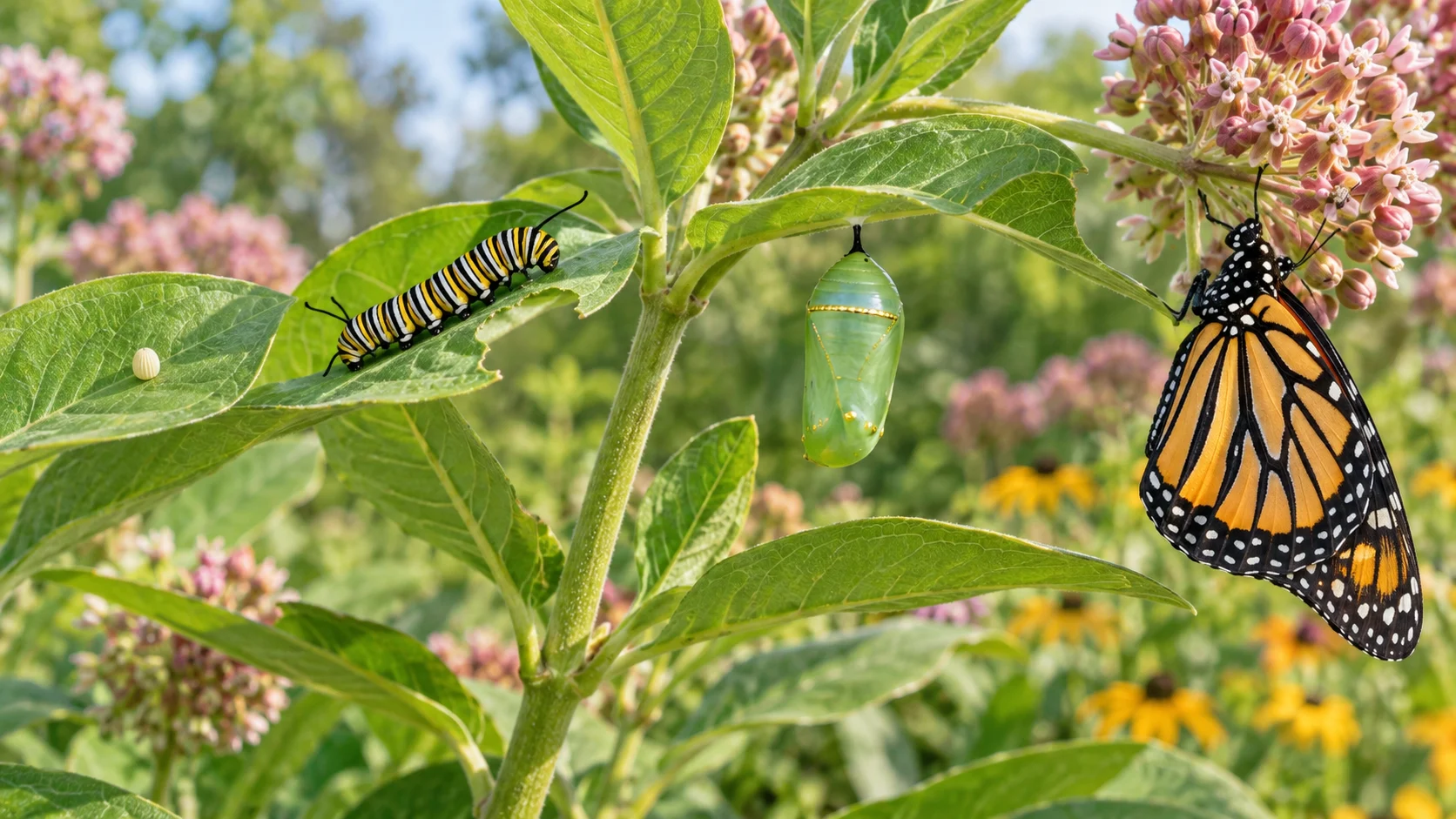 Butterfly host plant with egg, caterpillar, chrysalis, and newly emerged adult