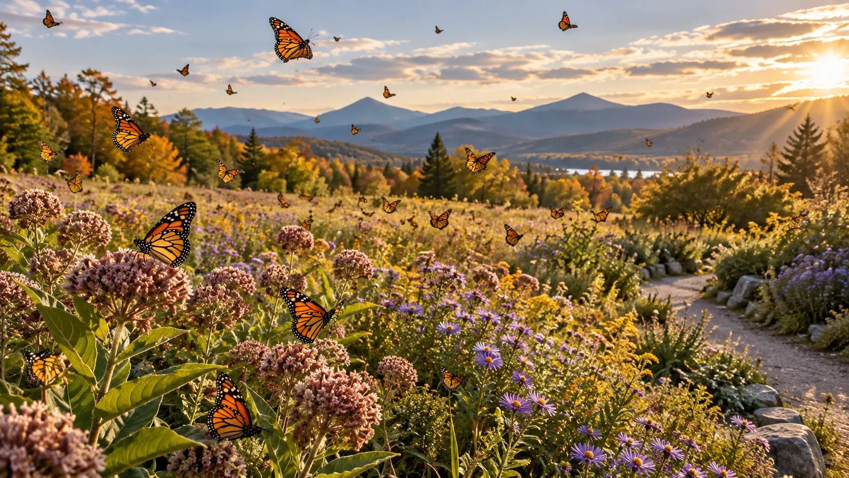 Migrating orange butterflies above milkweed and asters in a mountain meadow