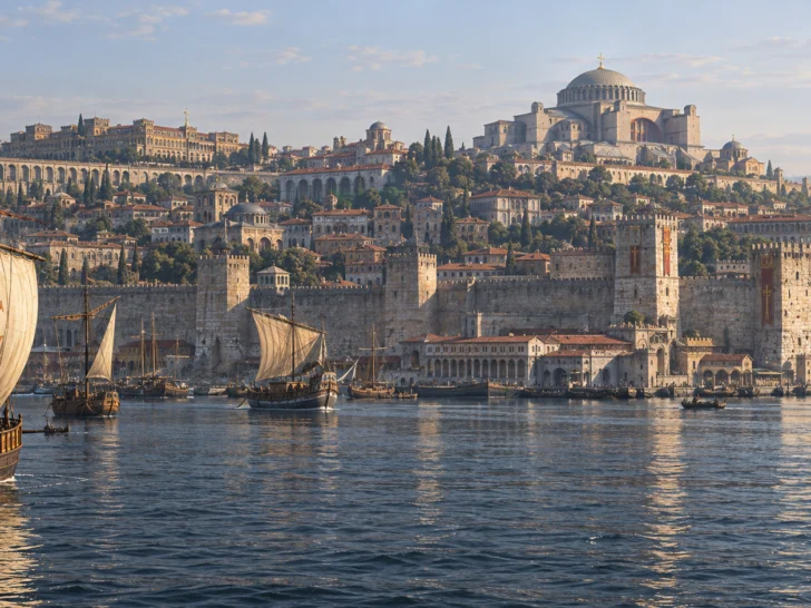 Byzantine Constantinople rising behind sea walls and a busy Golden Horn
