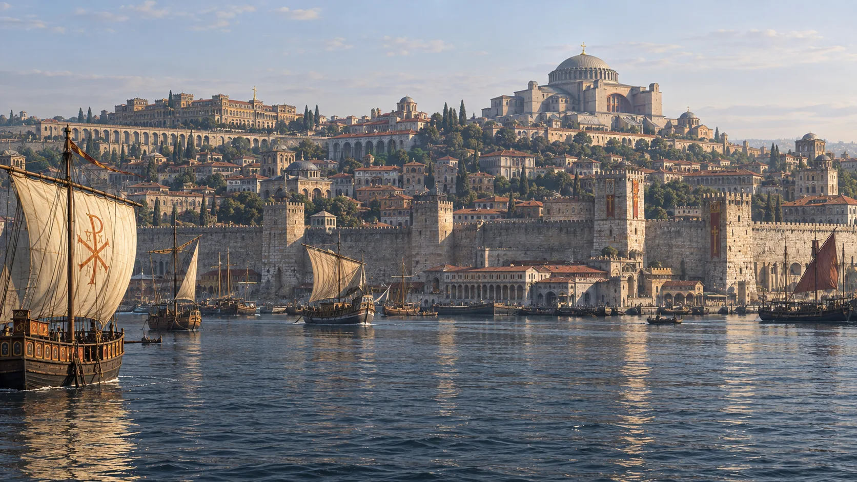 Byzantine Constantinople rising behind sea walls and a busy Golden Horn