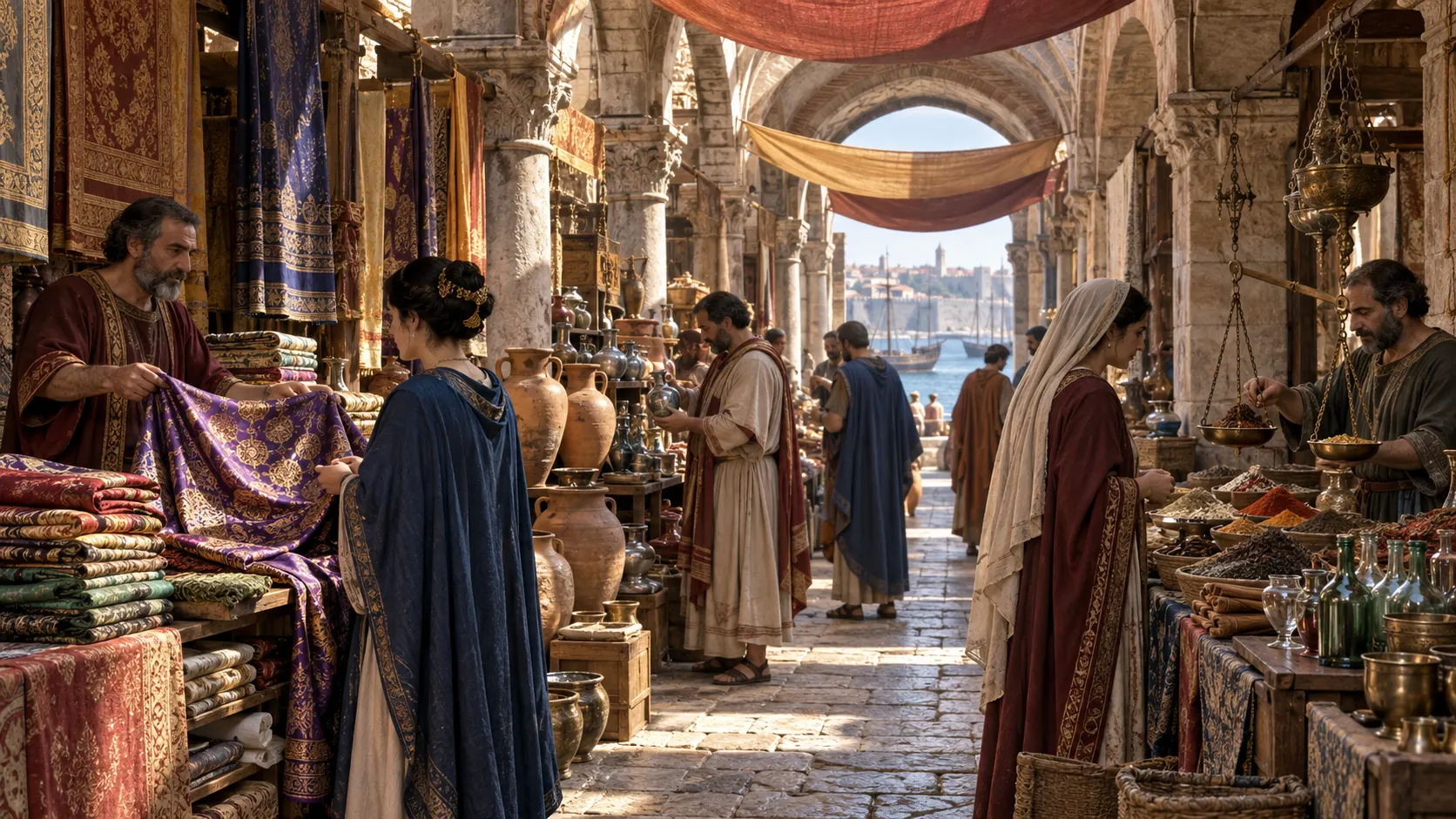 Silk pottery spices and glassware in a Byzantine covered market