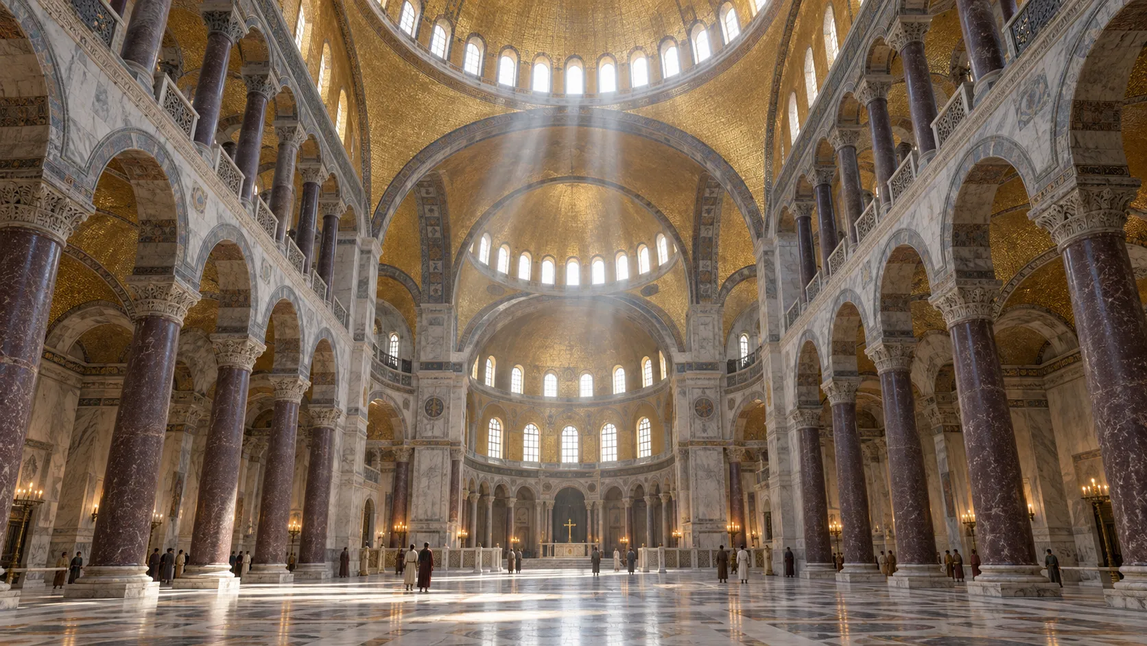 Marble columns and gold mosaics beneath the vast dome of Byzantine Hagia Sophia