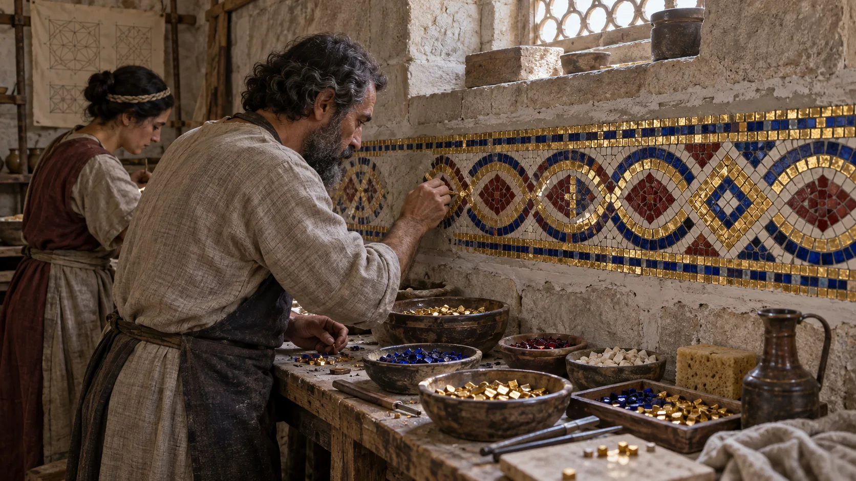 Byzantine artisans setting gold and colored tesserae into a geometric mosaic