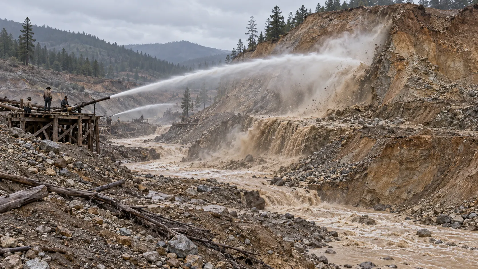 Hydraulic mining equipment cutting into a California hillside during the Gold Rush era