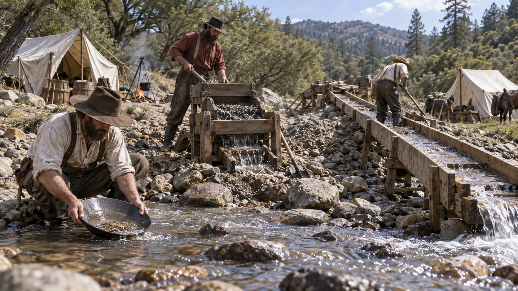 A placer mining camp beside a river in California Gold Country