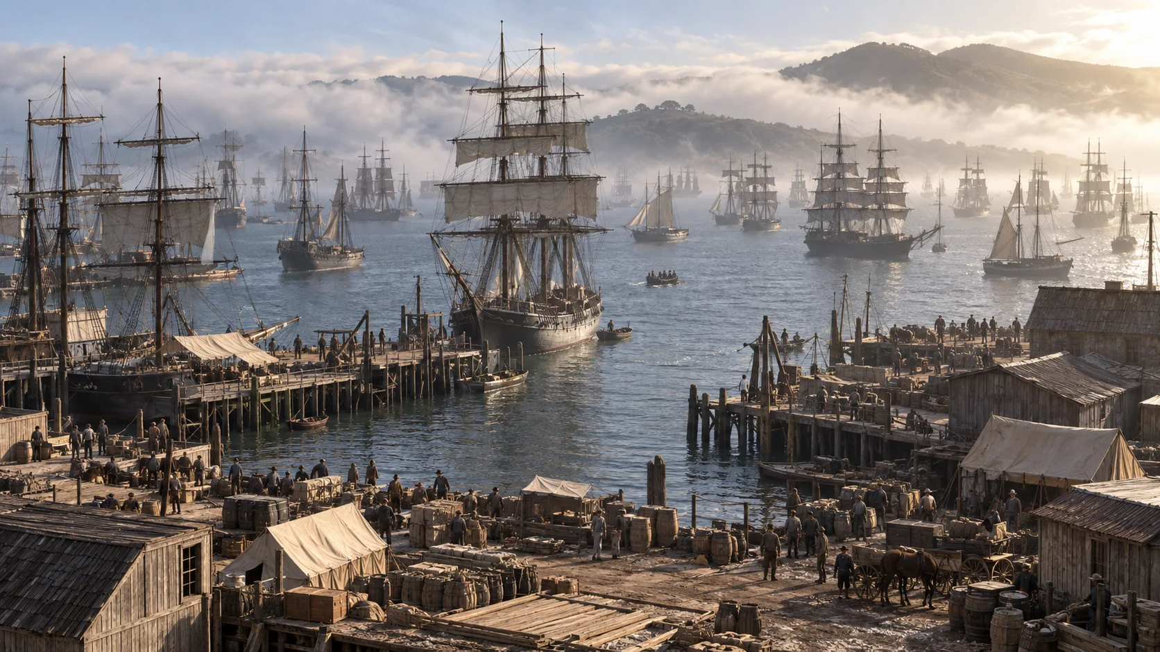 Sailing ships crowd San Francisco harbor during the California Gold Rush