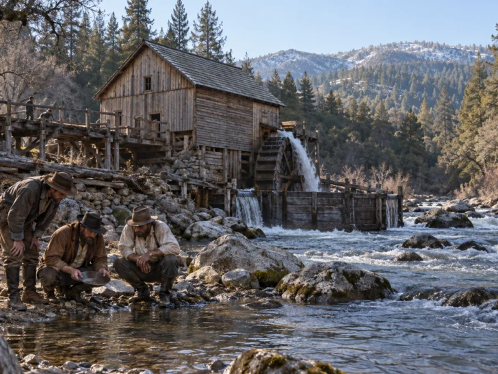 A historically inspired view of Sutter's Mill during the California Gold Rush