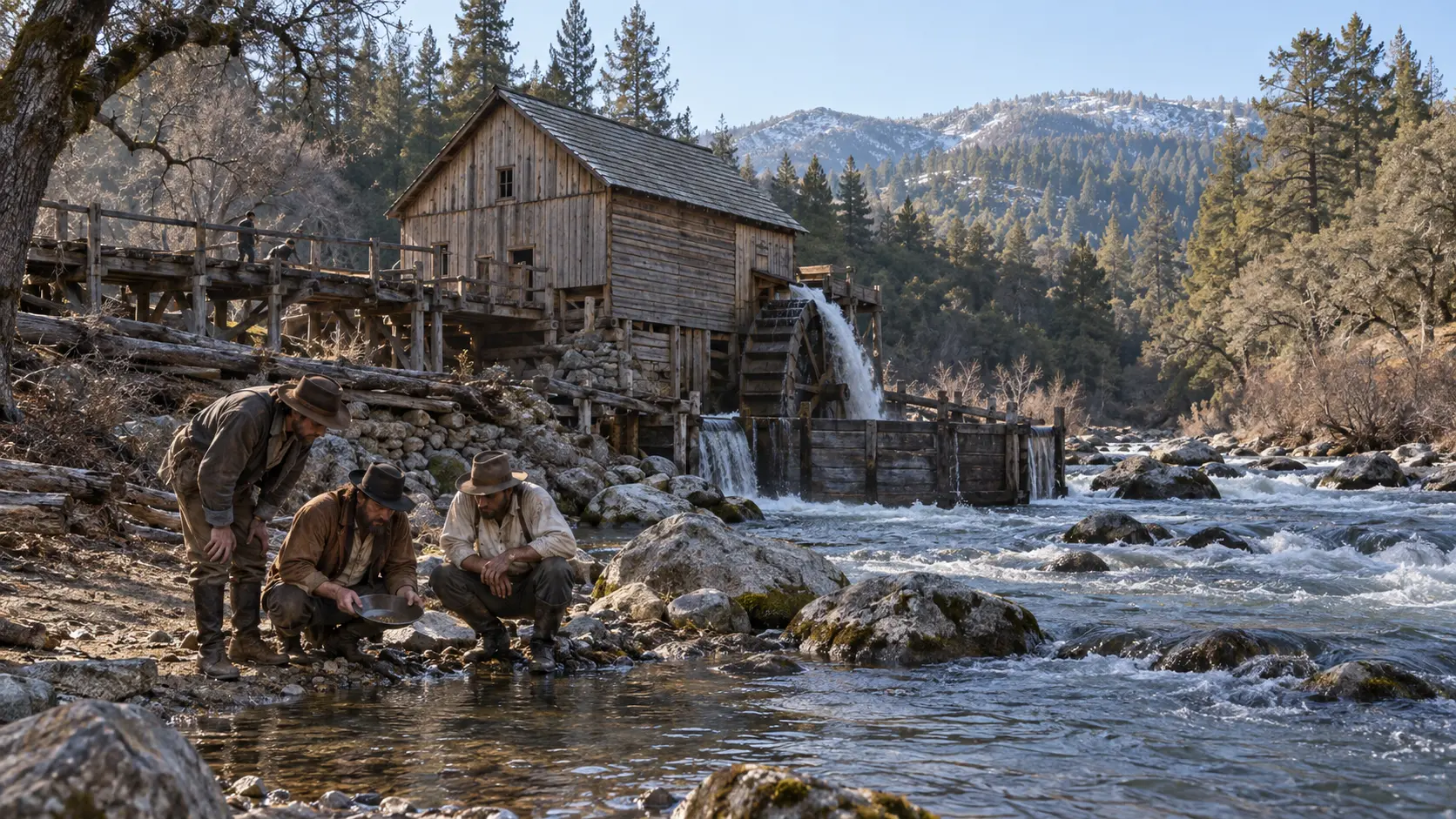 A historically inspired view of Sutter's Mill during the California Gold Rush