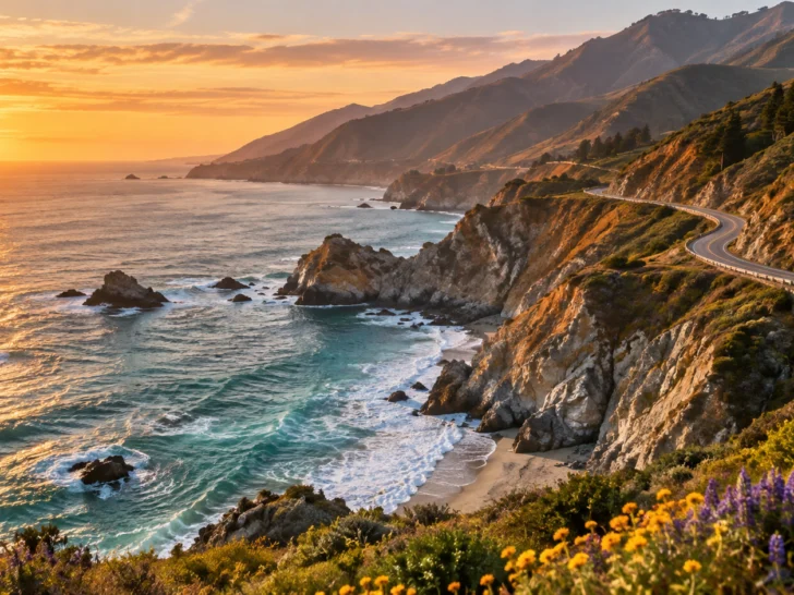 The Pacific Coast Highway curves above Big Sur at sunset