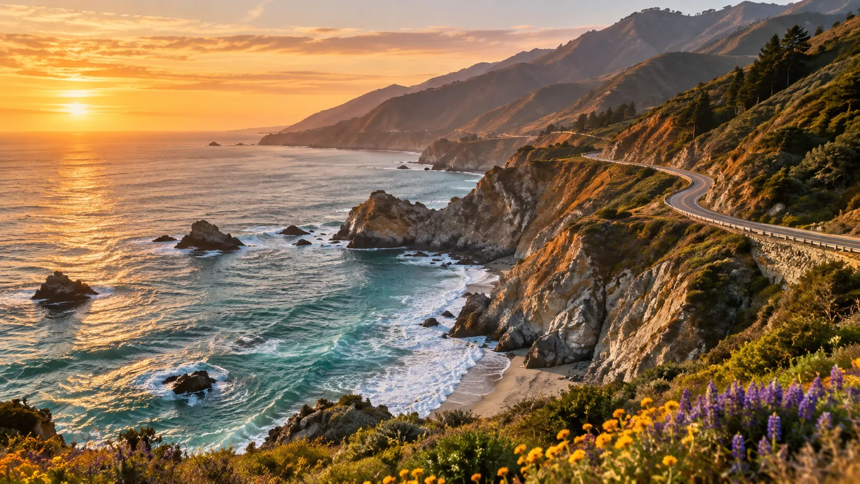 The Pacific Coast Highway curves above Big Sur at sunset