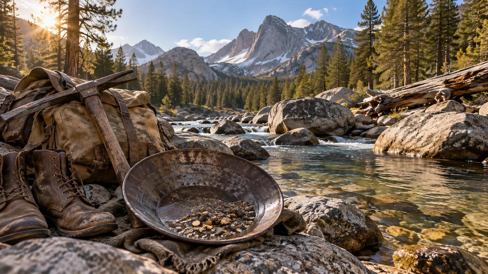 A gold pan and mining tools rest beside a clear Sierra stream