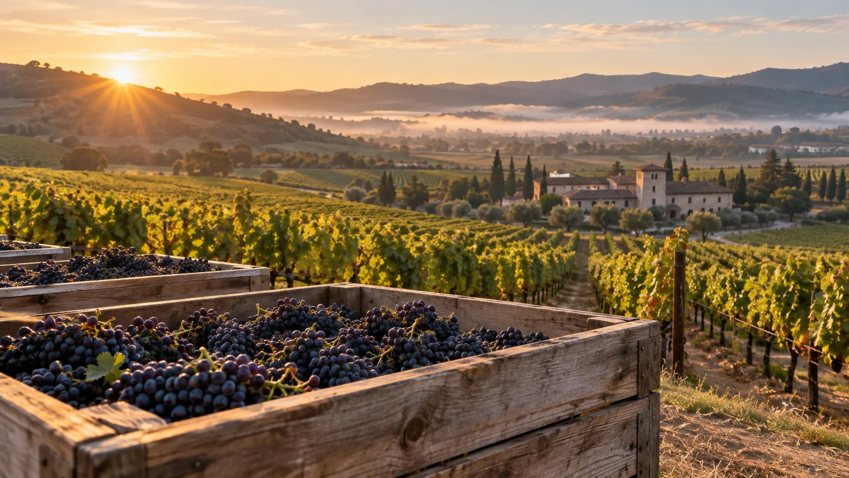 Crates of grapes overlook Napa Valley vineyards at sunrise