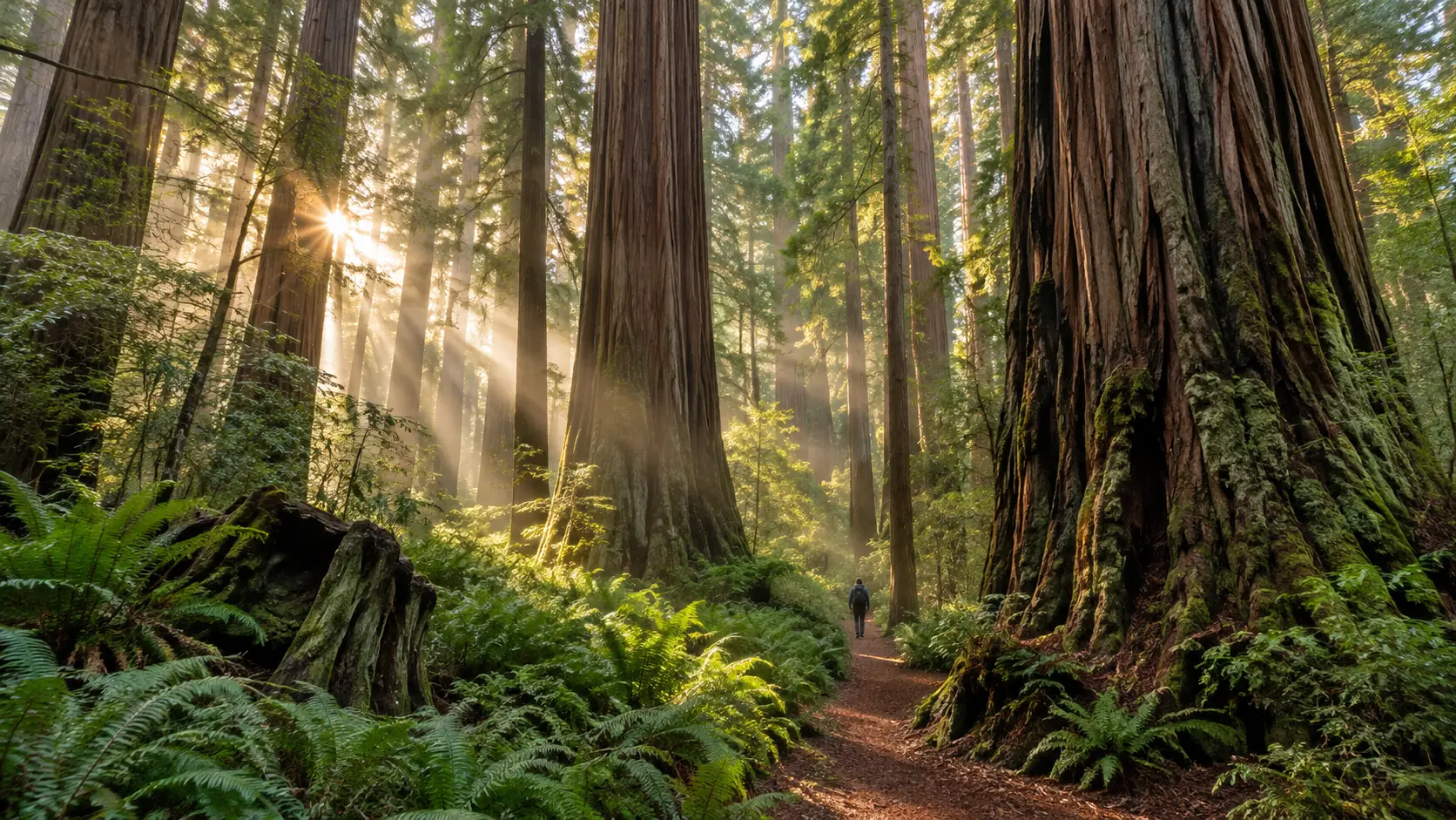 A hiker follows a sunlit trail beneath towering California redwoods