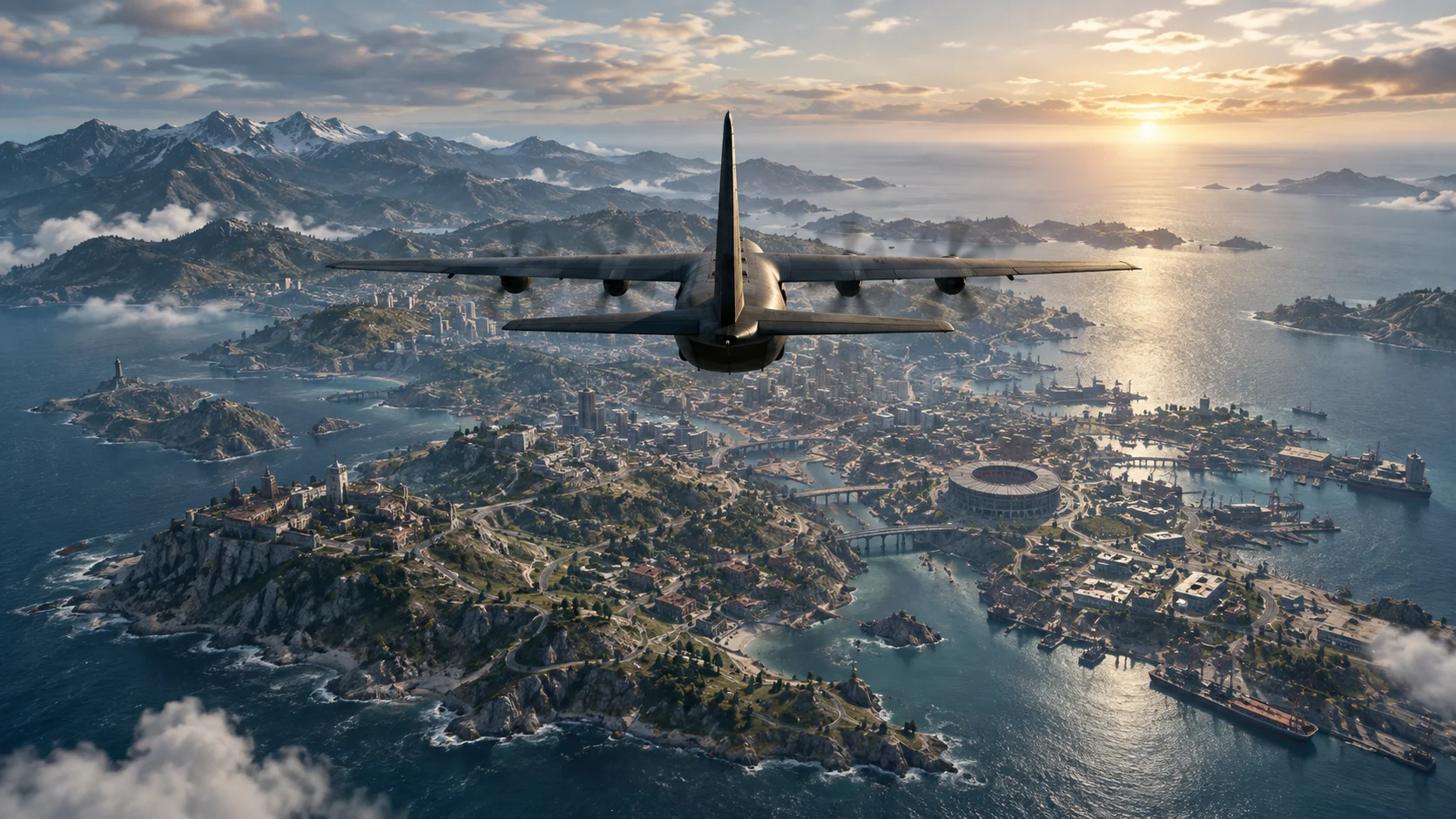 A vast battle royale landscape seen from a transport aircraft