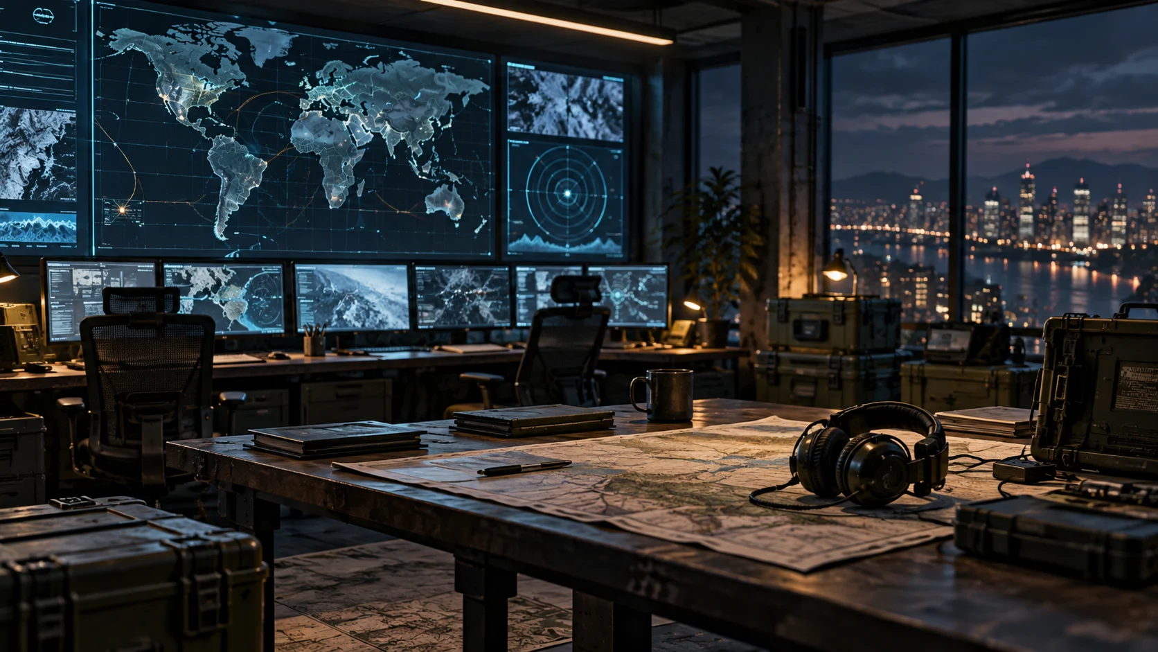 A modern military operations room with maps and surveillance screens