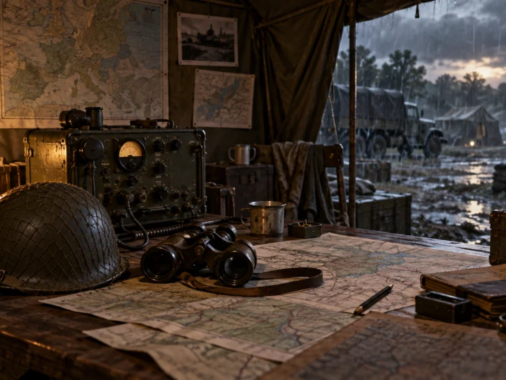 World War II field radio and gear in a rain-soaked command post