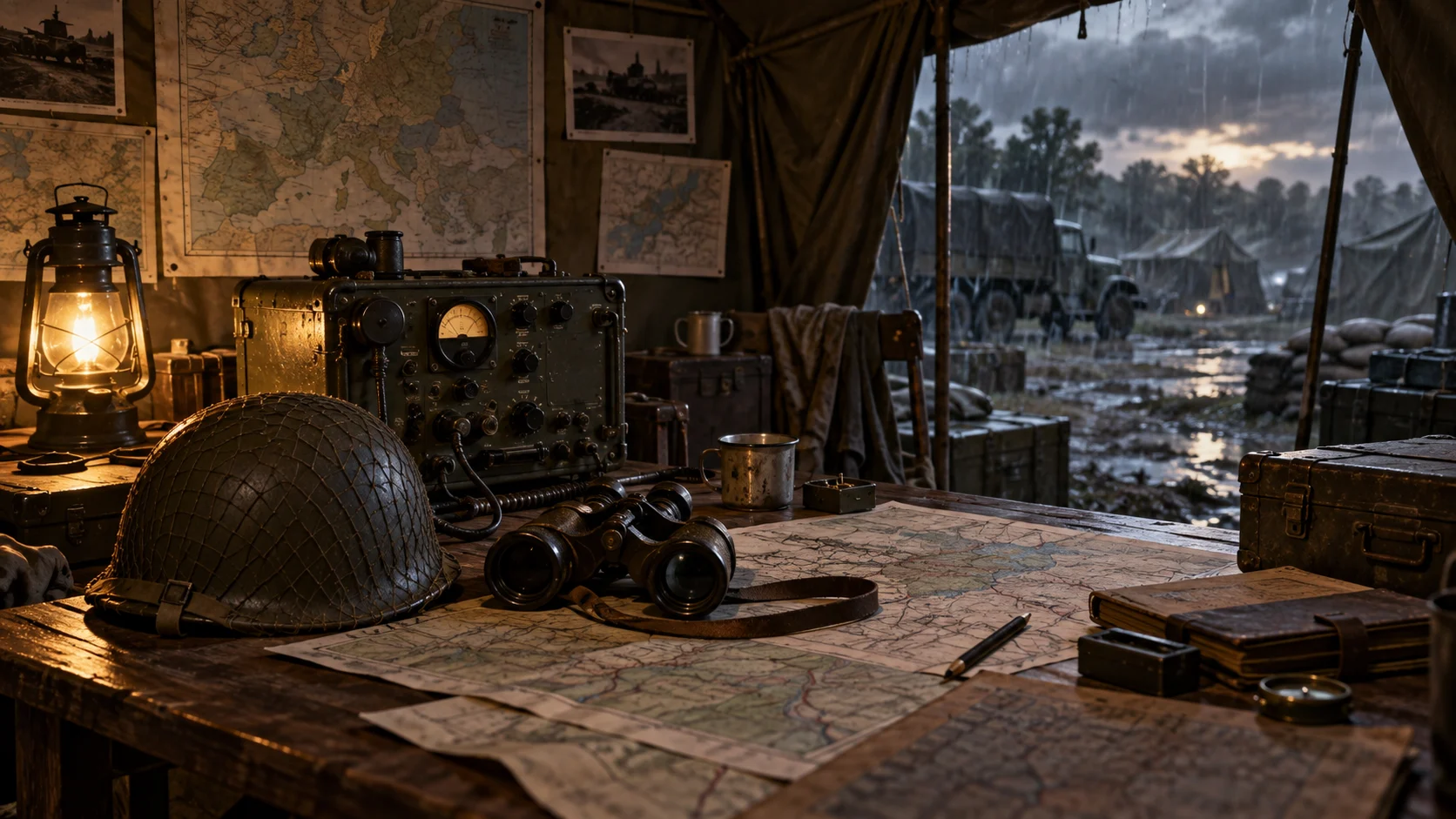 World War II field radio and gear in a rain-soaked command post