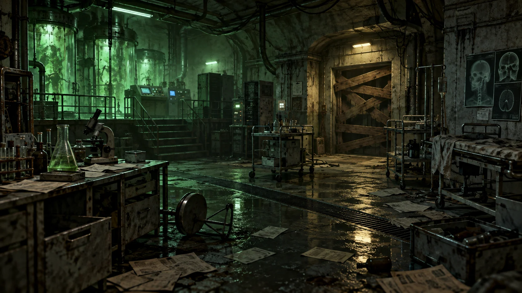 An abandoned underground laboratory with eerie green light and barricades
