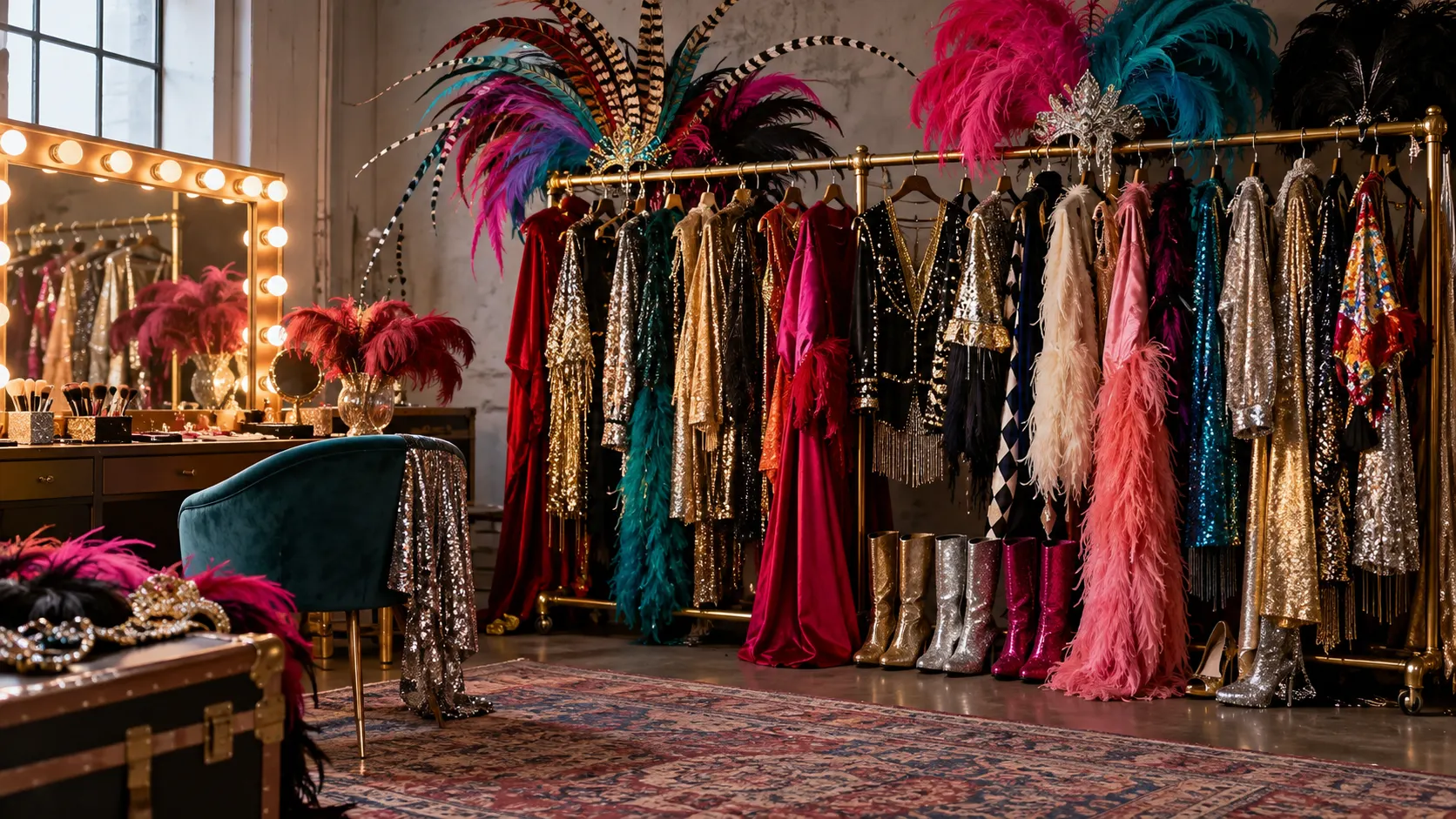 Theatrical costume rack with sequins feathers gloves and boots