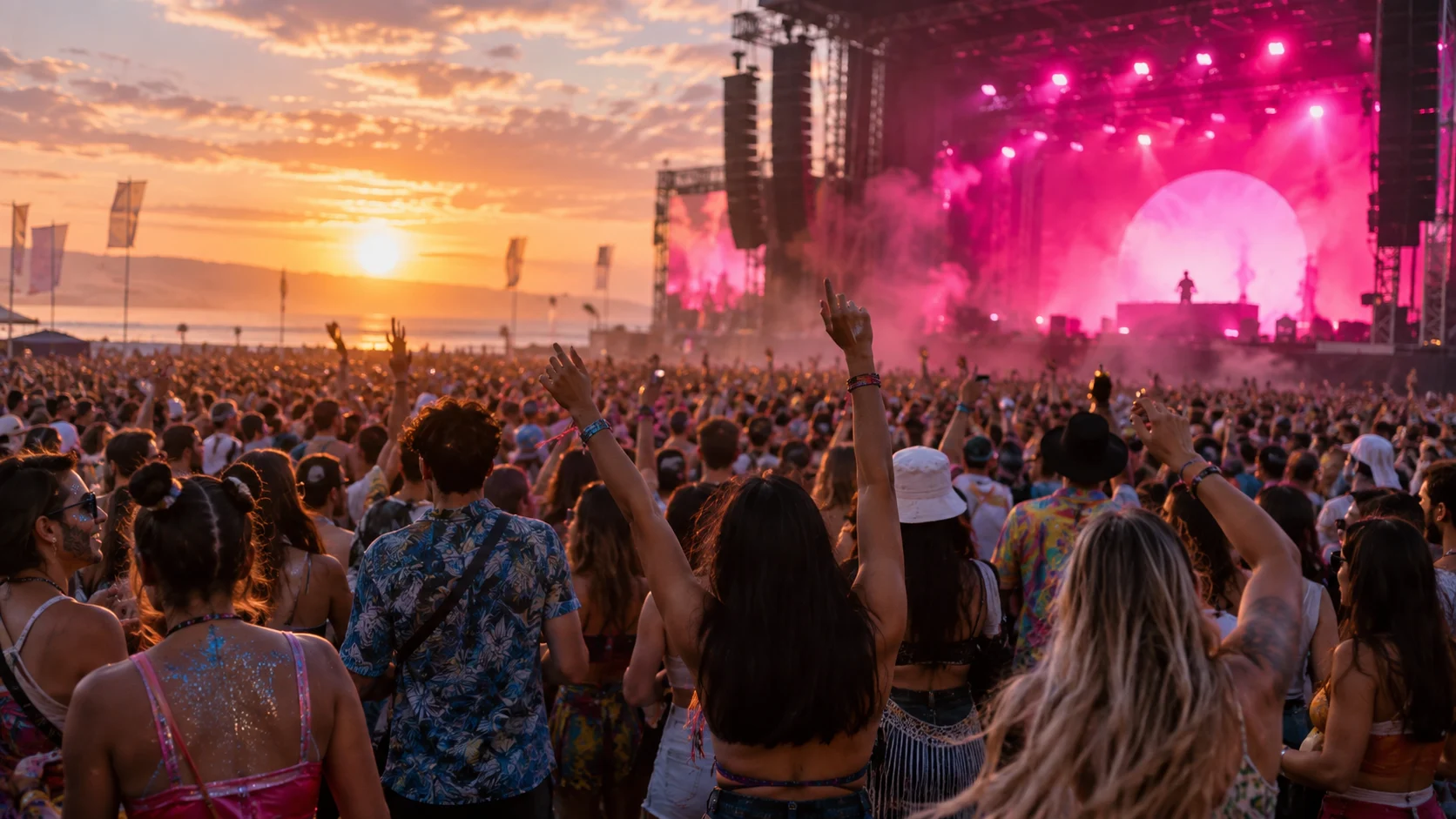 Outdoor pop festival at sunset with a distant performer silhouette