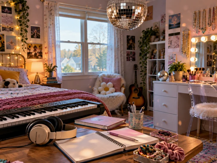 Colorful Midwestern bedroom with keyboard disco ball and costumes