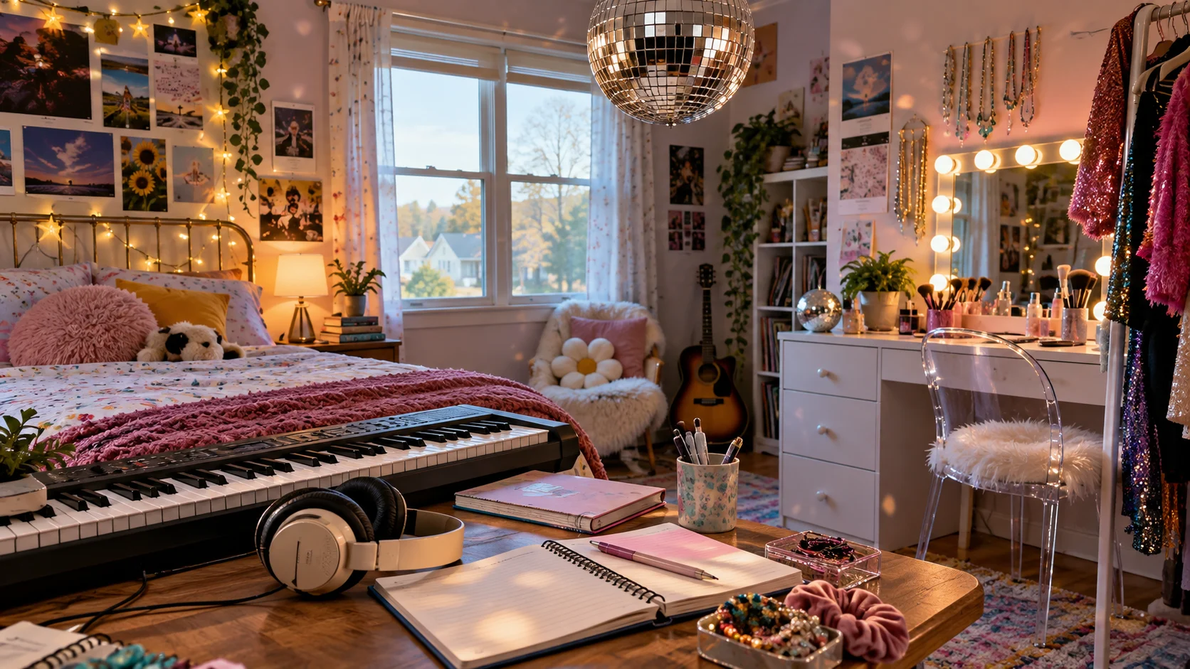 Colorful Midwestern bedroom with keyboard disco ball and costumes
