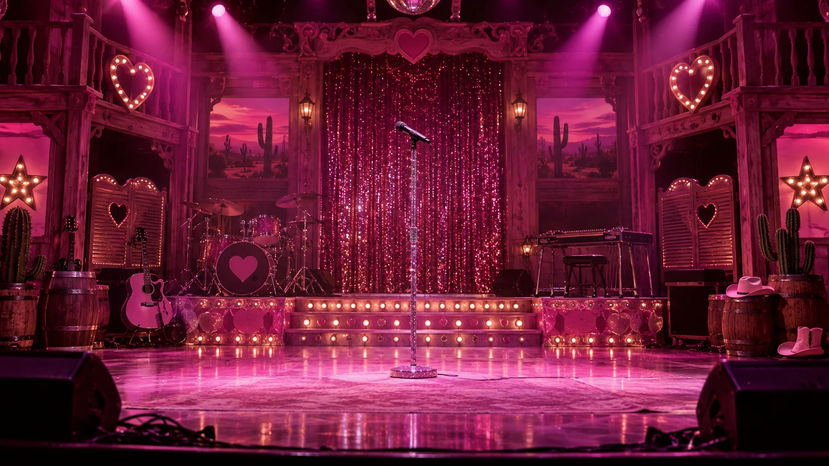 Flamboyant pink western pop stage with glitter and heart lights