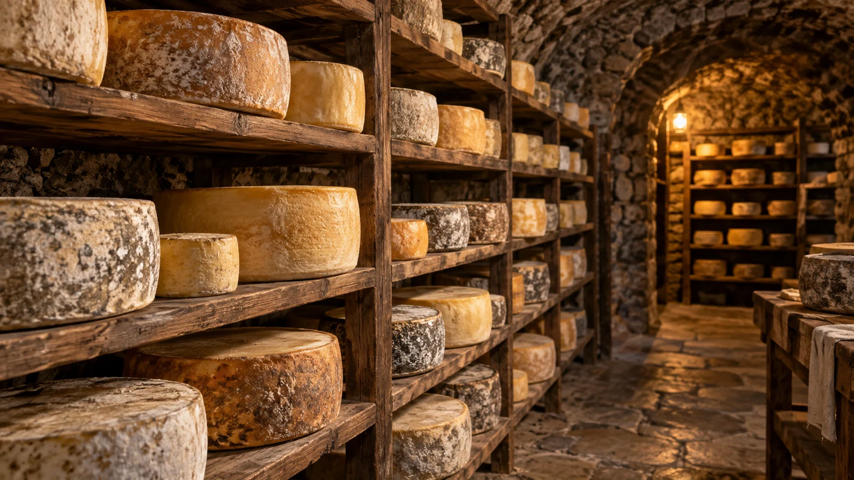 Traditional cheese wheels mature on wooden shelves in a stone cellar