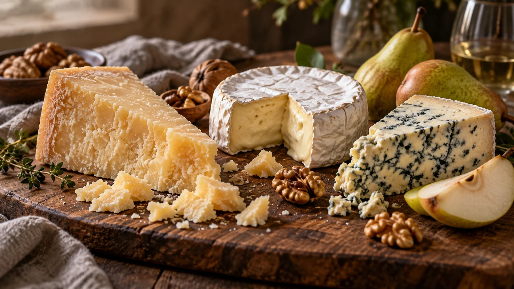 Aged bloomy-rind and blue cheeses share a board with pears and walnuts