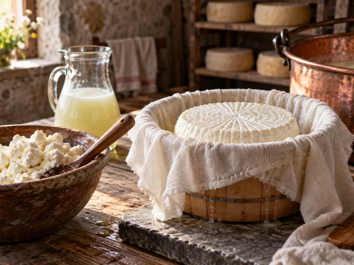 Fresh curds whey and a cloth-lined mold fill a rustic dairy worktable